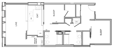 Floor plan for 2 beds, 2 baths, 934 sqft